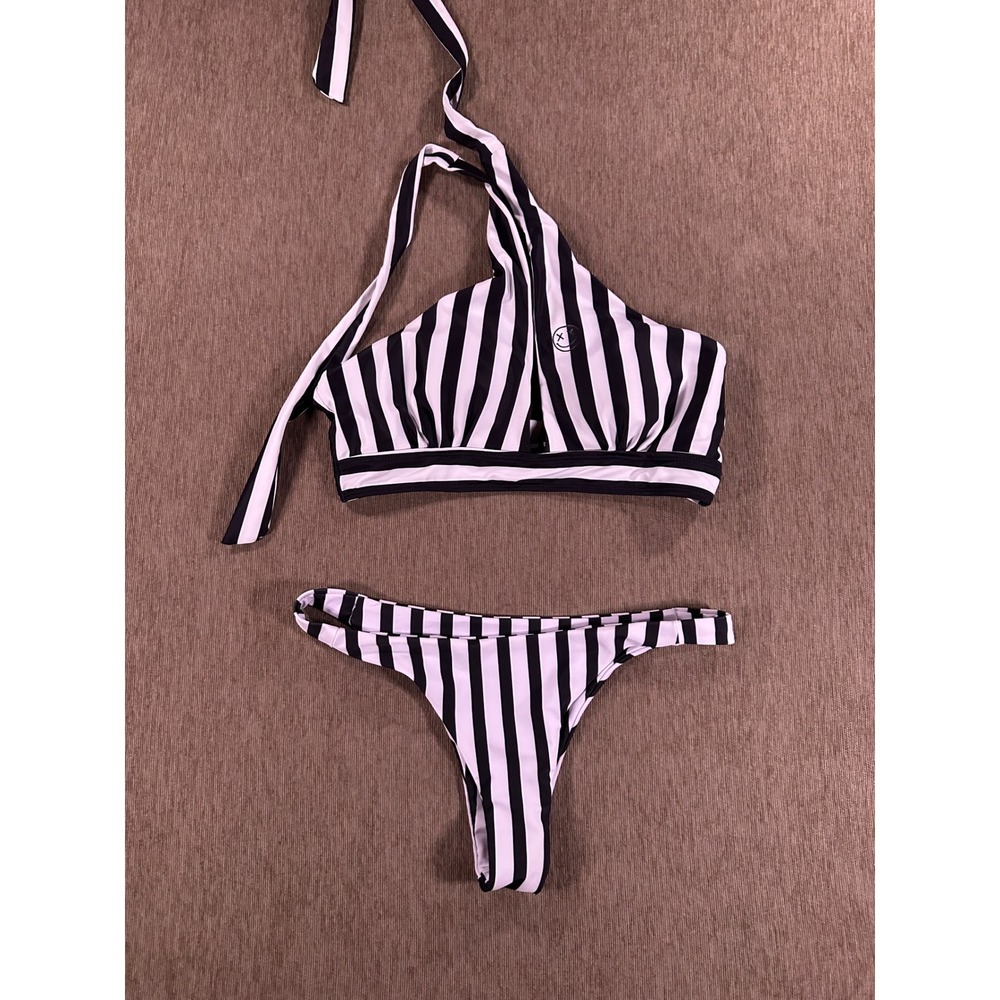 Salty Savage‎ Womens Black White Striped Halter Bikini Set Keyhole Top Medium